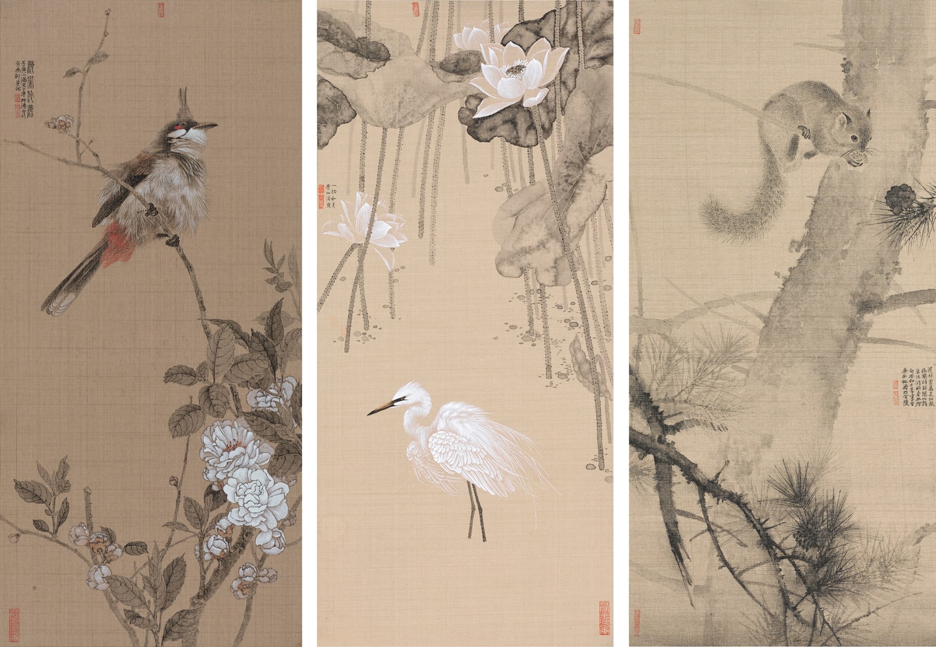 <h2>花鸟三屏</h2><p>作者：廖松涛</p><p>创作年代：2022 2023年</p><p>规格：34cm×16cm×2
33cm×16cm
</p><p>品类：绢面硬卡</p>